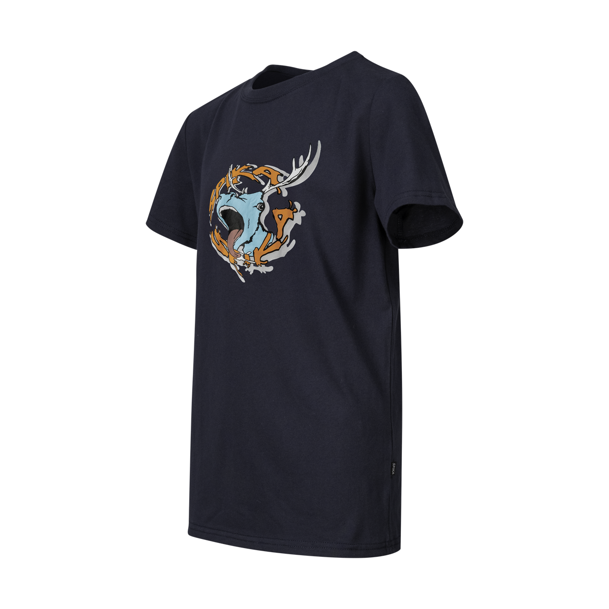 Spika GO Rogue kids' navy T-shirt, three-quarter side view with roaring stag SPIKA print