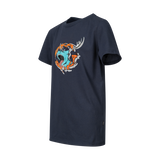 Spika GO Rogue kids' navy T-shirt, three-quarter side view with roaring stag SPIKA print