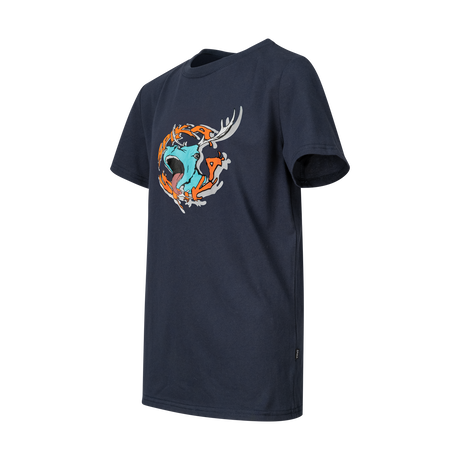 Spika GO Rogue kids' navy T-shirt, three-quarter side view with roaring stag SPIKA print