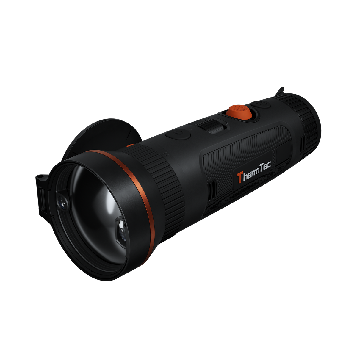 ThermTec Wild 650DL Pro thermal monocular, front three-quarter view of the large lens with cap open