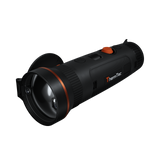 ThermTec Wild 650DL Pro thermal monocular, front three-quarter view of the large lens with cap open