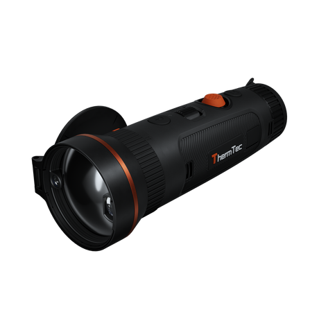 ThermTec Wild 650DL Pro thermal monocular, front three-quarter view of the large lens with cap open
