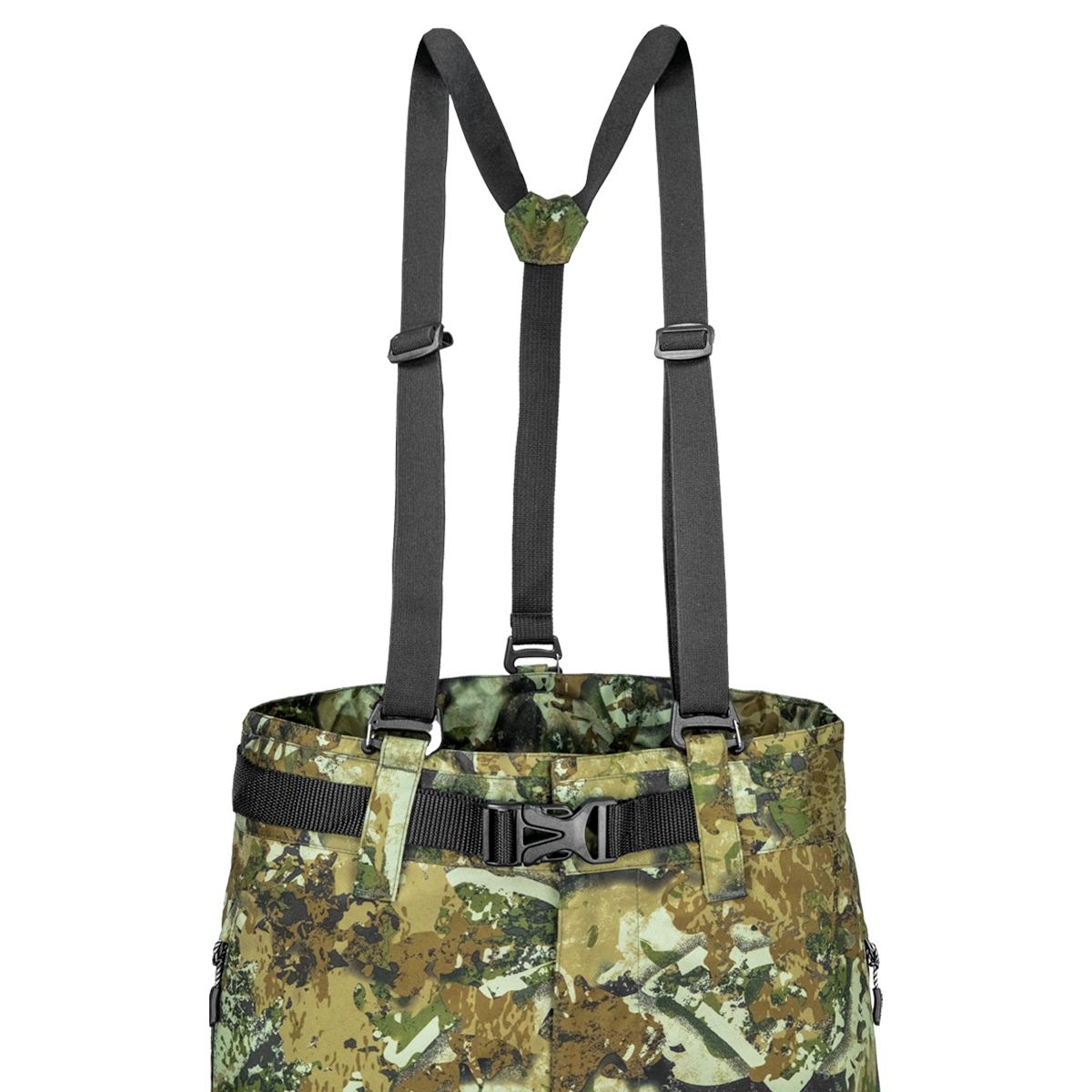 Spika Edge men's Biarri Camo pants close-up of the adjustable shoulder braces and waist buckle