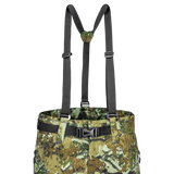 Spika Edge men's Biarri Camo pants close-up of the adjustable shoulder braces and waist buckle