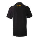 Spika GO Casual men's polo shirt in black, back view with orange stag and SPIKA logo below collar