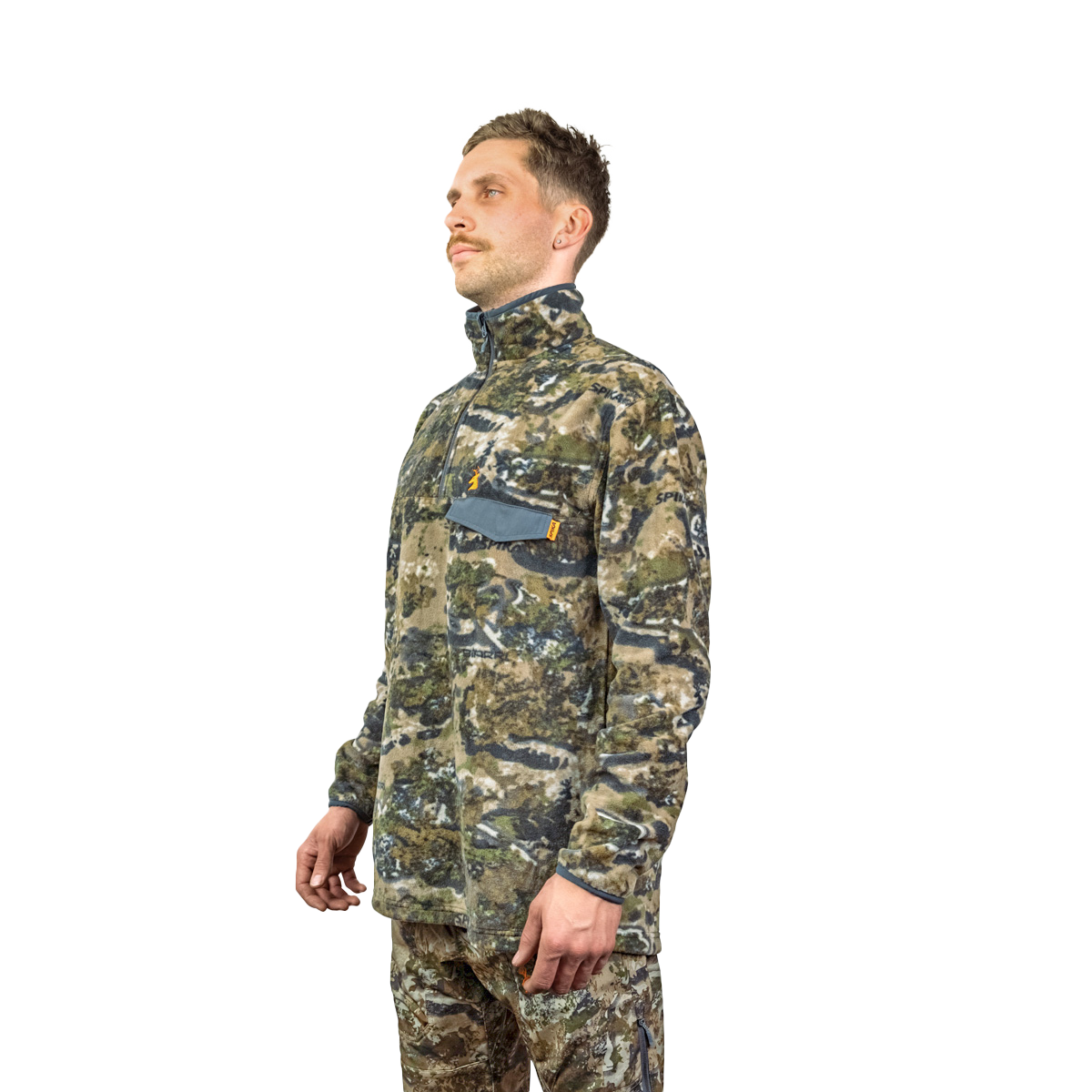 Model in the Spika Basecamp men's Biarri Camo fleece jumper, three-quarter view showing chest pocket