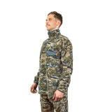 Model in the Spika Basecamp men's Biarri Camo fleece jumper, three-quarter view showing chest pocket