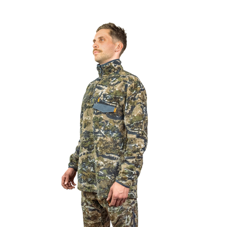 Model in the Spika Basecamp men's Biarri Camo fleece jumper, three-quarter view showing chest pocket