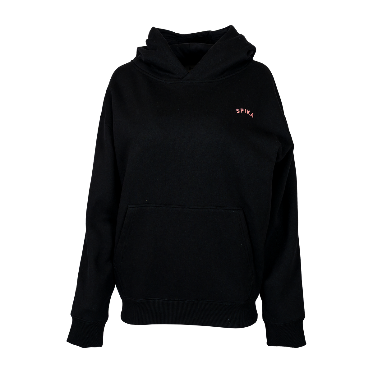 Spika GO Contour women's hoodie in black, front view with small pink SPIKA chest logo and pocket