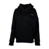 Spika GO Contour women's hoodie in black, front view with small pink SPIKA chest logo and pocket