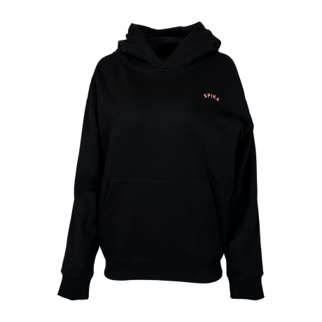 Spika GO Contour women's hoodie in black, front view with small pink SPIKA chest logo and pocket