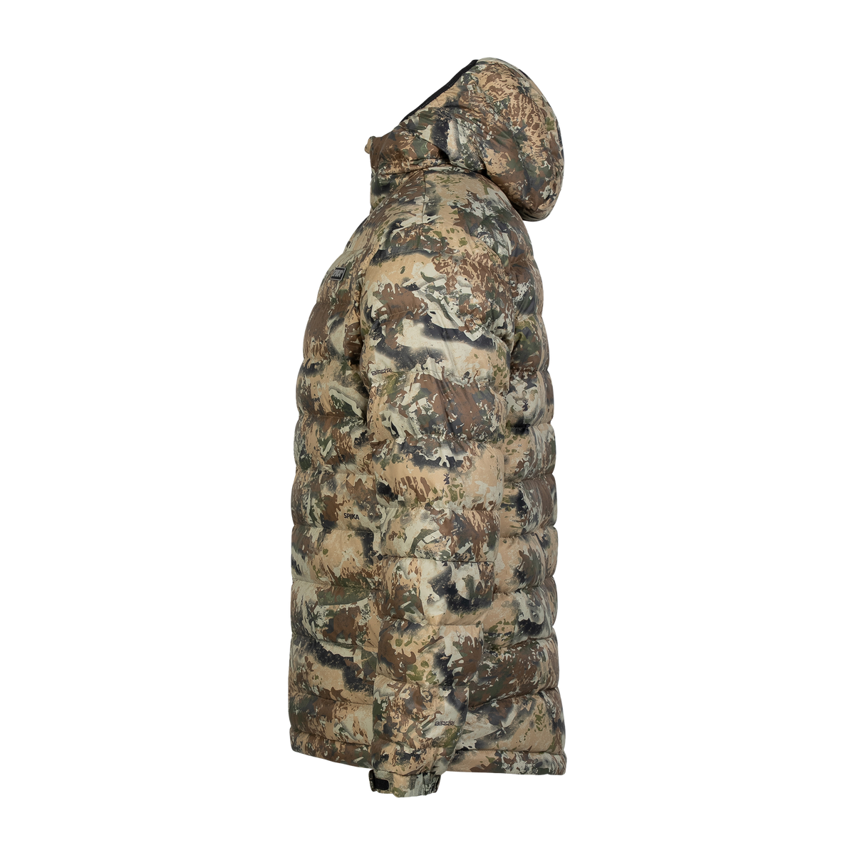 Spika Hideout men's packable puffer jacket in Biarri Camo, side profile view with hood