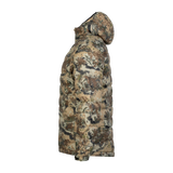 Spika Hideout men's packable puffer jacket in Biarri Camo, side profile view with hood