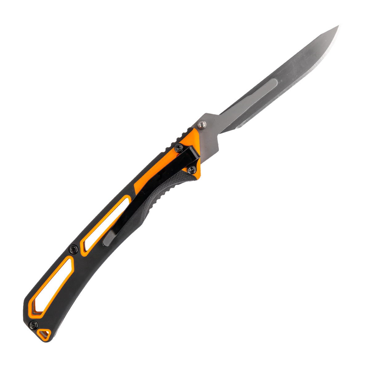 Spika Command folding scalpel opened, reverse side of the black and orange skeleton handle
