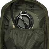 Spika Drover II Pro Pack 35L in Olive Summit, hydration bladder hung in the internal sleeve with hose