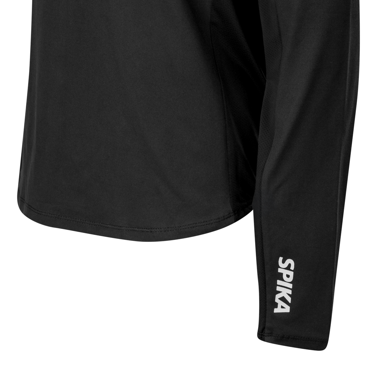 Close-up of the curved hem and reflective SPIKA cuff logo on the Spika GO AVP women's black half-zip