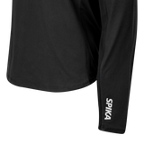 Close-up of the curved hem and reflective SPIKA cuff logo on the Spika GO AVP women's black half-zip