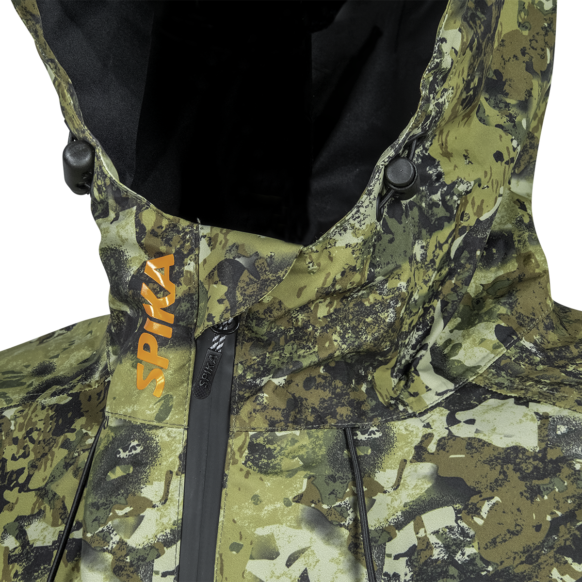 Spika Scout men's jacket in Biarri Camo, close-up of collar, hood toggles and orange Spika logo