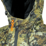 Spika Scout men's jacket in Biarri Camo, close-up of collar, hood toggles and orange Spika logo