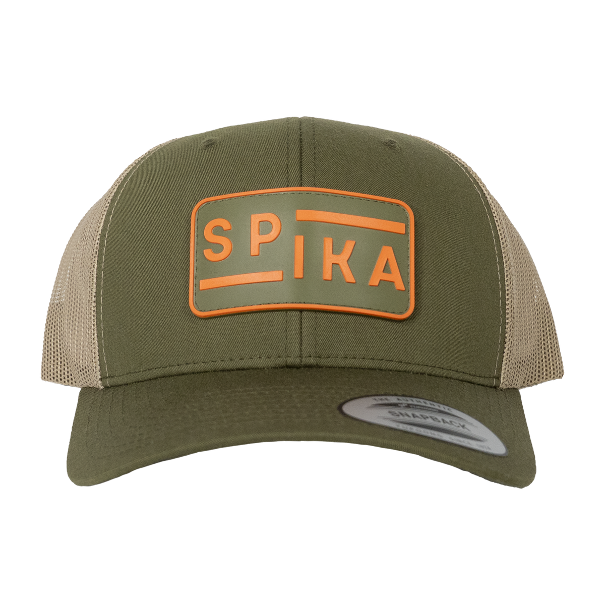 Spika Urban Waypoint trucker cap in Olive/Tan, front view of the orange rubber logo patch