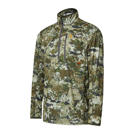 Spika Guide men's lightweight half-zip hunting top in Biarri Camo, three-quarter view