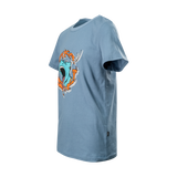 Spika GO Rogue kids' blue T-shirt, three-quarter side view with roaring stag SPIKA print