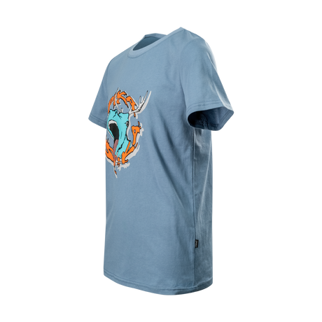 Spika GO Rogue kids' blue T-shirt, three-quarter side view with roaring stag SPIKA print
