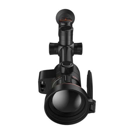ThermTec Ares-LRF 360L 2.0 thermal tube scope, front end-on view of lens and rangefinder module