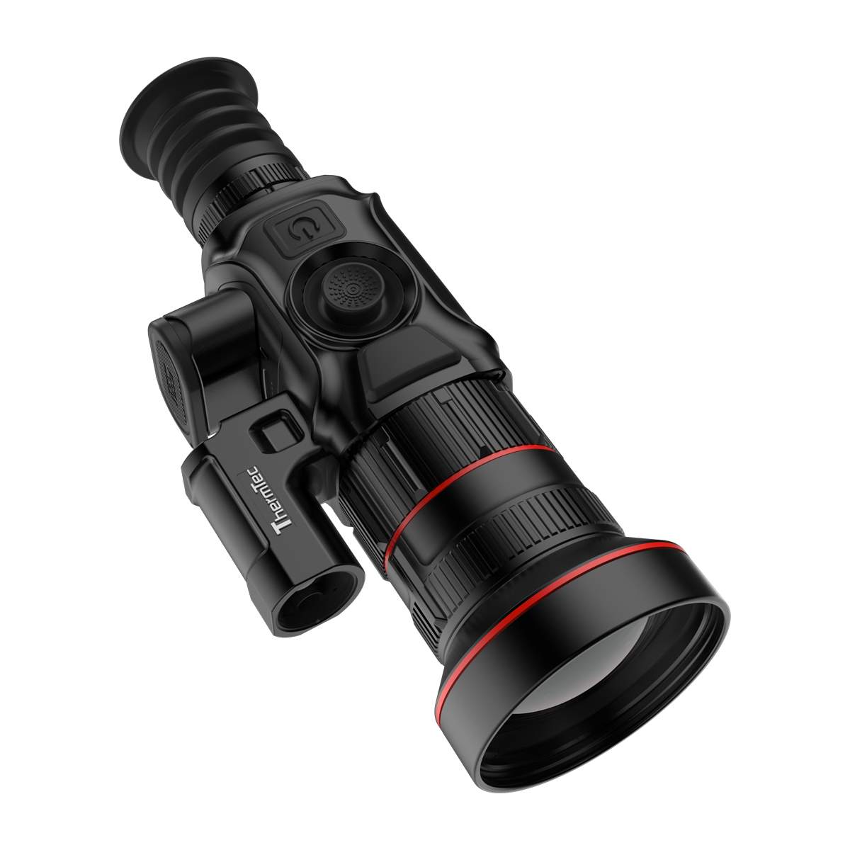 ThermTec Vidar-LRF 660L 2.0 thermal compact scope, elevated view of top controls and side-mounted rangefinder