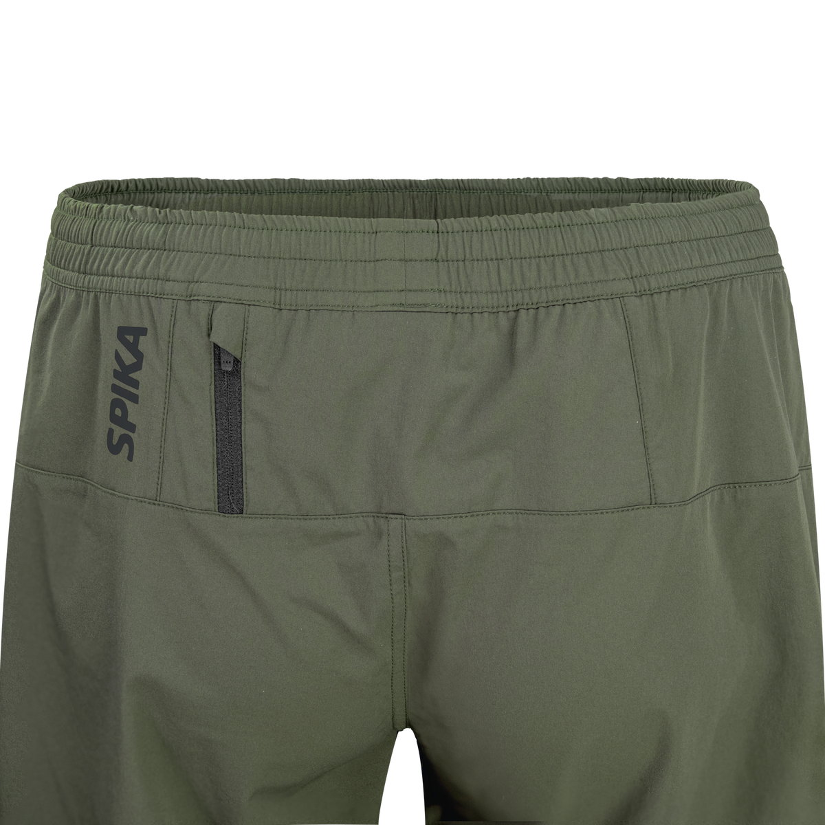 Close-up of the rear zip pocket and SPIKA logo on Spika GO Arid men's olive quick dry shorts