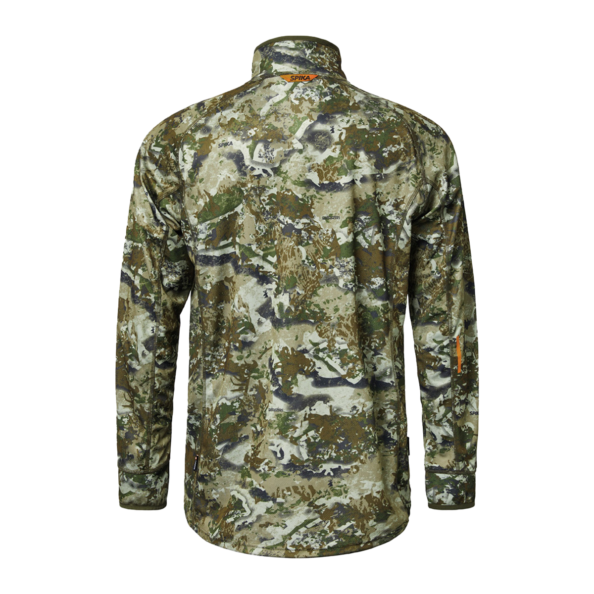 Spika Guide men's lightweight hunting top in Biarri Camo, back view with orange collar tab