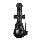 ThermTec Ares 650 2.0 thermal tube scope in black, front end-on view of objective lens and flip cap