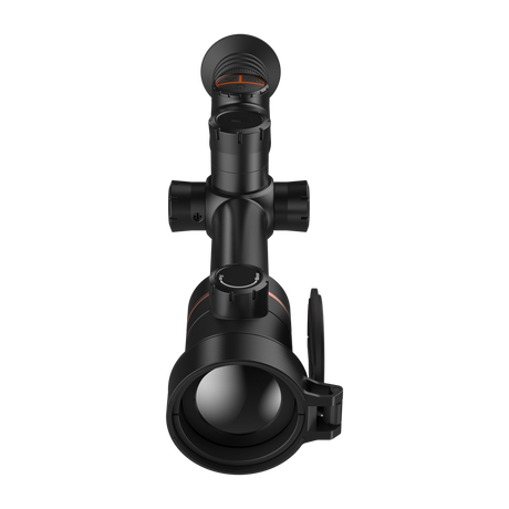 ThermTec Ares 650 2.0 thermal tube scope in black, front end-on view of objective lens and flip cap