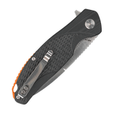 Spika Bushmaster Raider folding knife closed, pocket clip side of the black textured handle