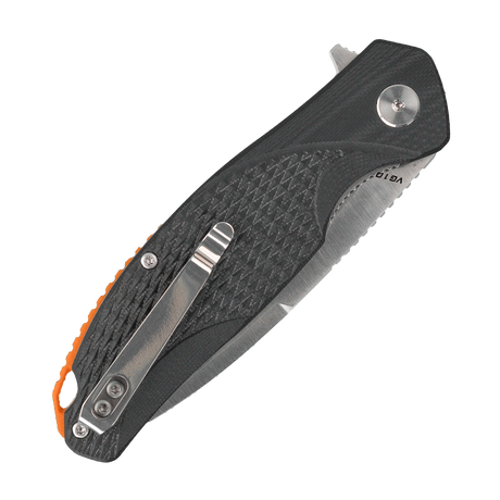 Spika Bushmaster Raider folding knife closed, pocket clip side of the black textured handle