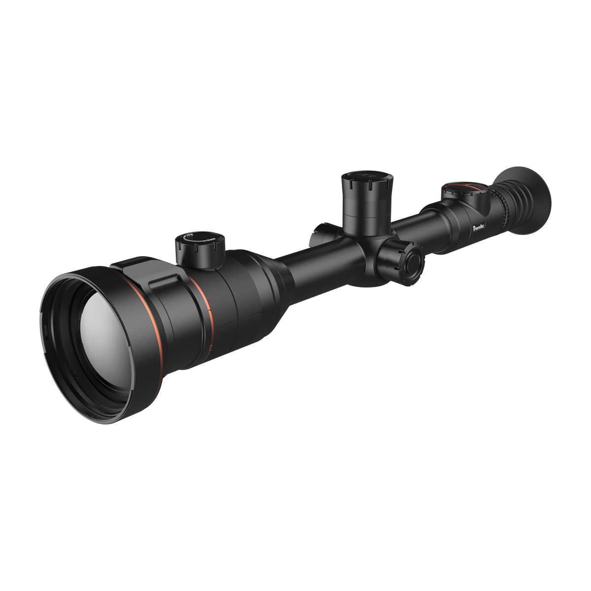 ThermTec Ares 360 2.0 thermal tube scope in black, low front three-quarter view of objective lens