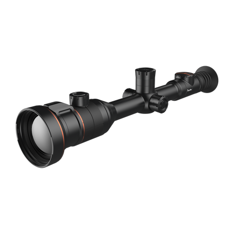 ThermTec Ares 360 2.0 thermal tube scope in black, low front three-quarter view of objective lens