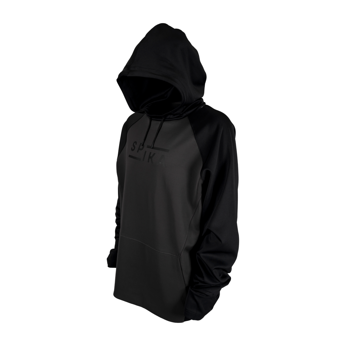 Spika GO Scuba men's slate/black hoodie, three-quarter view with tonal SPIKA chest print