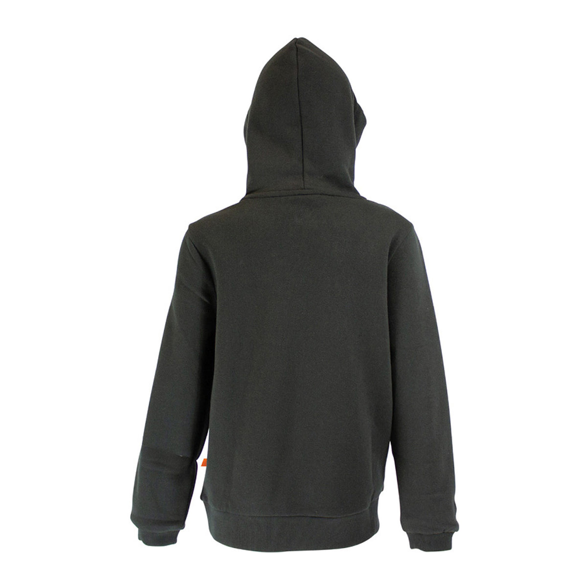 Spika GO Classic boys' hoodie in black, back view of plain back and hood with orange side tab