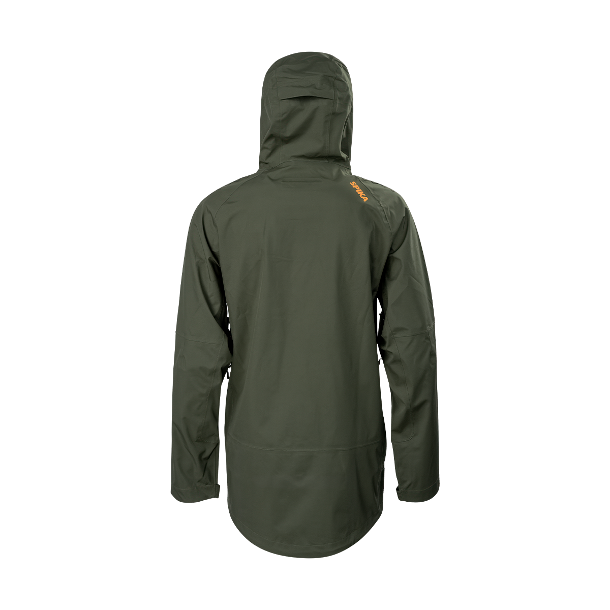 Spika Edge men's Olive waterproof jacket, back view with adjustable hood and orange shoulder logo