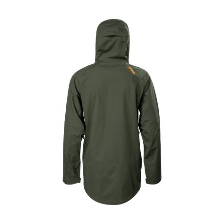 Spika Edge men's Olive waterproof jacket, back view with adjustable hood and orange shoulder logo