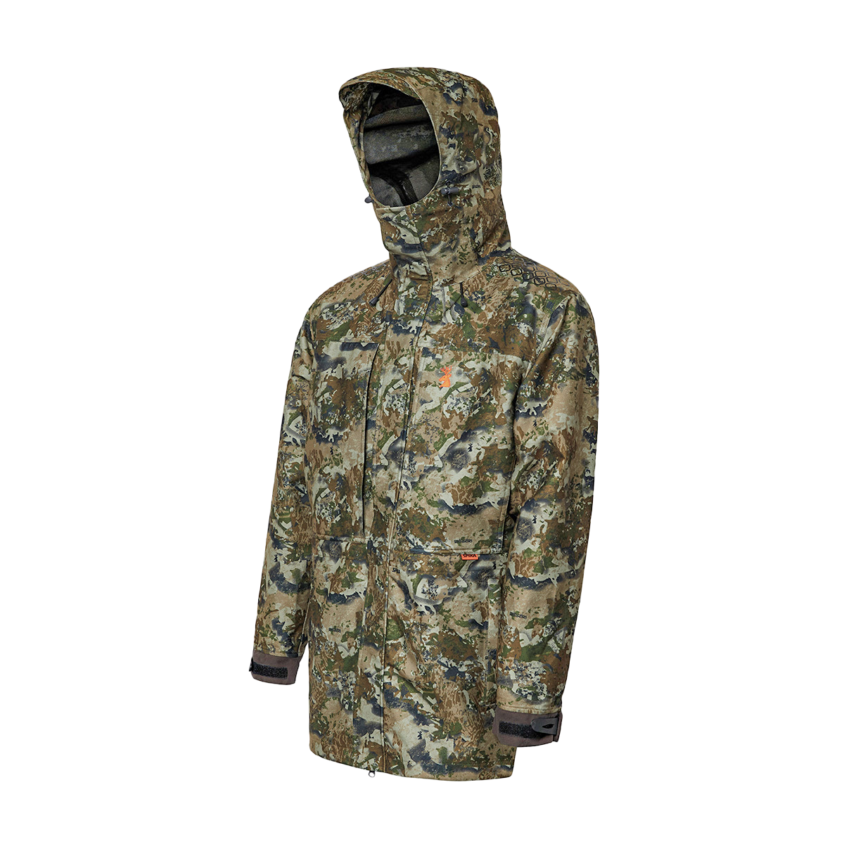 Spika Stalker men's hunting jacket in Biarri Camo, three-quarter view with hood up