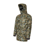 Spika Stalker men's hunting jacket in Biarri Camo, three-quarter view with hood up