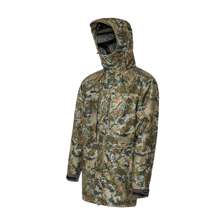 Spika Stalker men's hunting jacket in Biarri Camo, three-quarter view with hood up