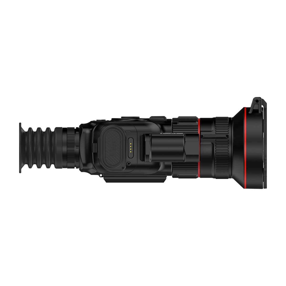 ThermTec Vidar-LRF 660L 2.0 thermal compact scope, left side profile with rangefinder and battery contacts