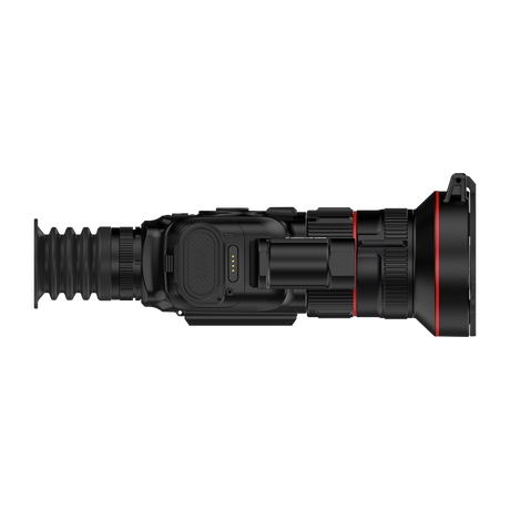 ThermTec Vidar-LRF 660L 2.0 thermal compact scope, left side profile with rangefinder and battery contacts