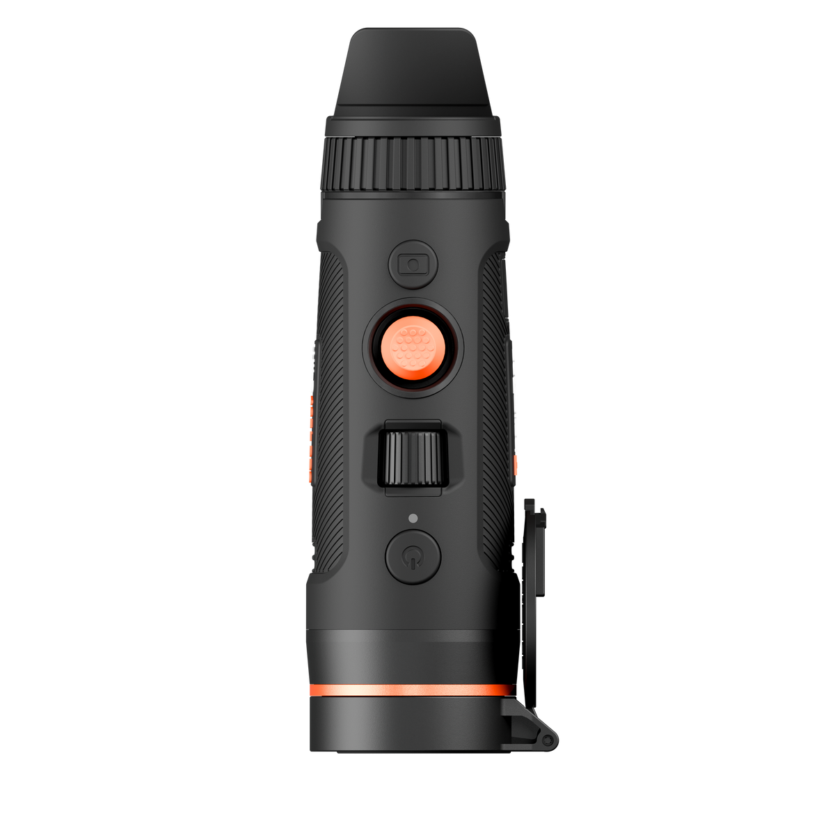 ThermTec Wild 635L Pro thermal monocular, top view of controls from the eyepiece end