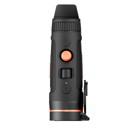 ThermTec Wild 635L Pro thermal monocular, top view of controls from the eyepiece end
