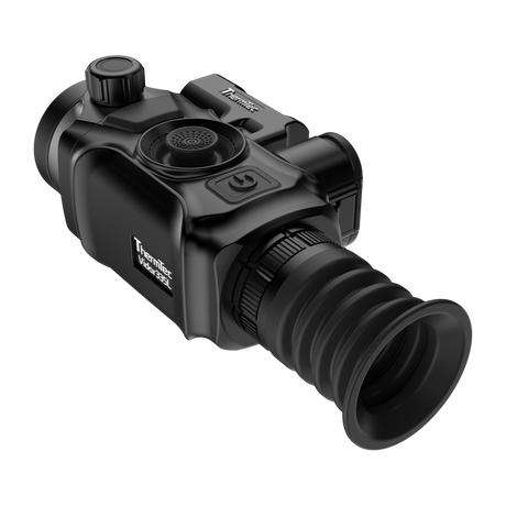 ThermTec Vidar-LRF 335L 2.0 thermal compact scope, rear three-quarter view of eyecup and power button