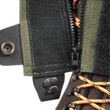 Spika Strike hunting gaiter in Olive, close-up of the rear zip, hook-and-loop flap and boot hook